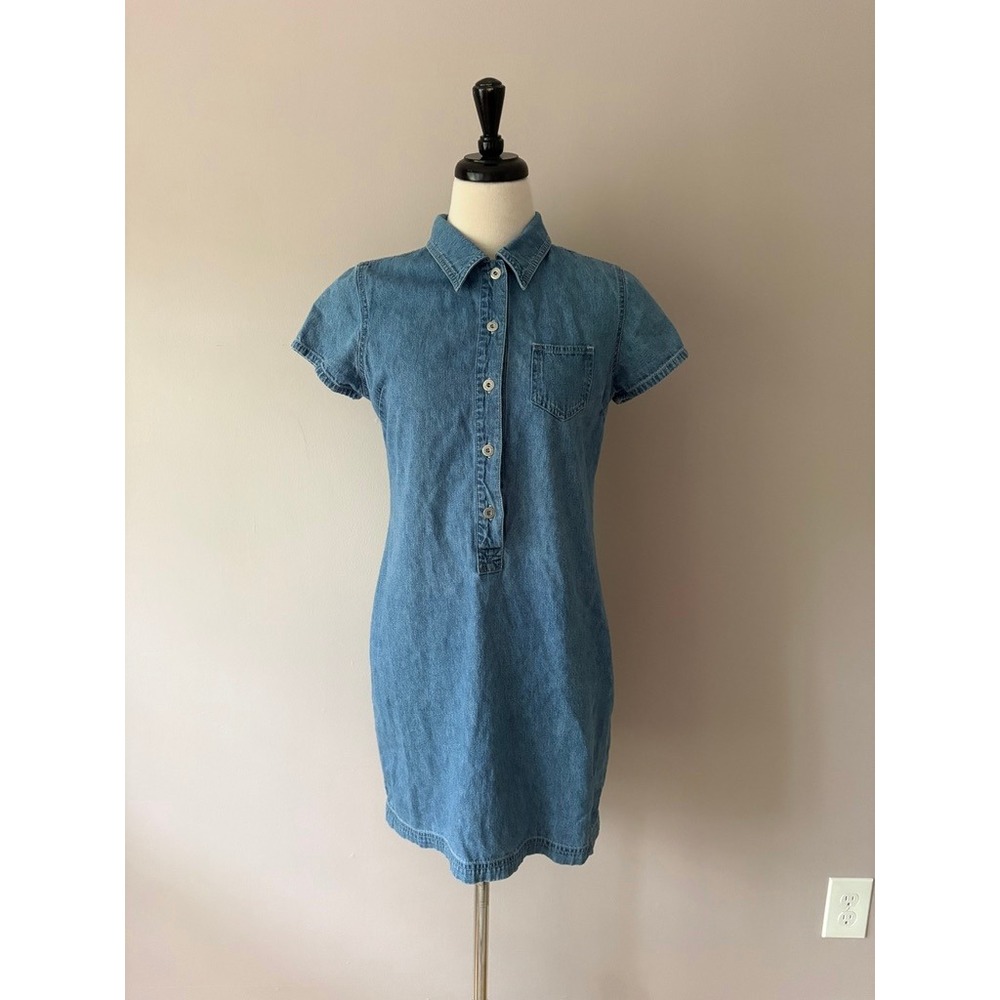 Vtg 90s Faded Glory Blue Denim Shirt Dress Short Sleeve Mini Button Front Size 4